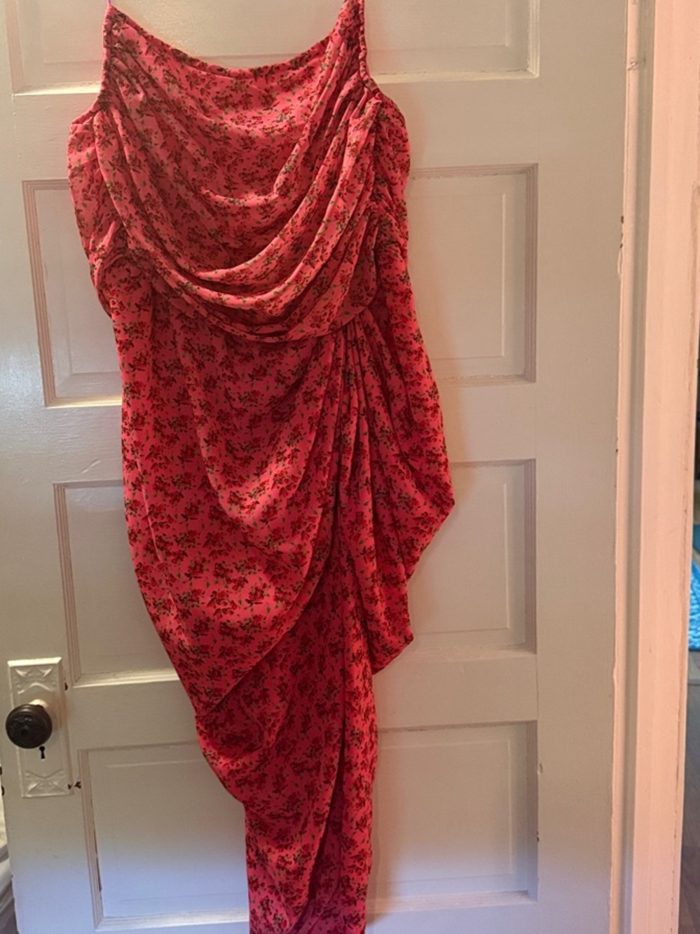 PrettyLittleThing Red Floral Asymmetrical Draped Slip Dress